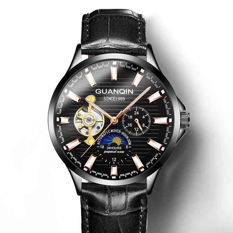 Men's automatic skeleton mechanical watch with 42mm dial, sapphire crystal glass, and genuine leather strap on a white background