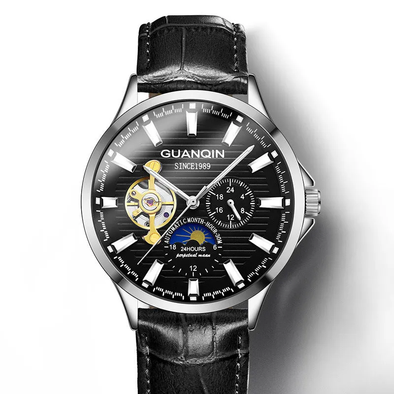 Men's automatic skeleton mechanical watch with 42mm dial, sapphire crystal glass, and genuine leather strap on a white background