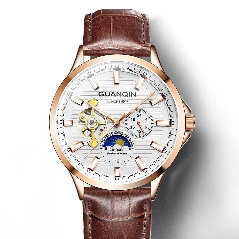 Men's automatic skeleton mechanical watch with 42mm dial, sapphire crystal glass, and genuine leather strap on a white background