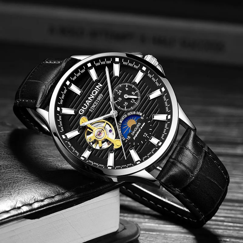 Men's automatic skeleton mechanical watch with 42mm dial, sapphire crystal glass, and genuine leather strap on a white background