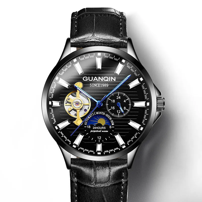 Men's automatic skeleton mechanical watch with 42mm dial, sapphire crystal glass, and genuine leather strap on a white background