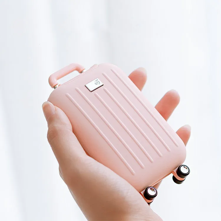 Travel box hand warmer in dark blue with aluminium alloy body showing double-sided heating surface
