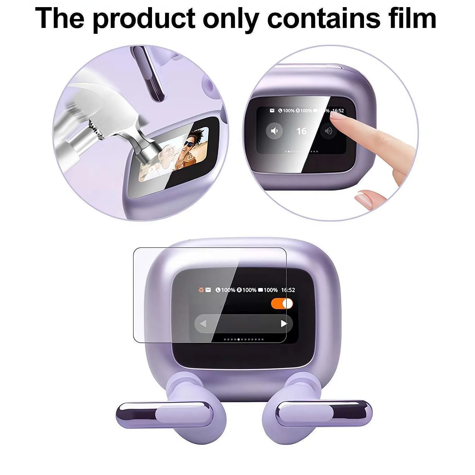 Transparent Bluetooth headset protective film on a table, showing its compact size and clear finish