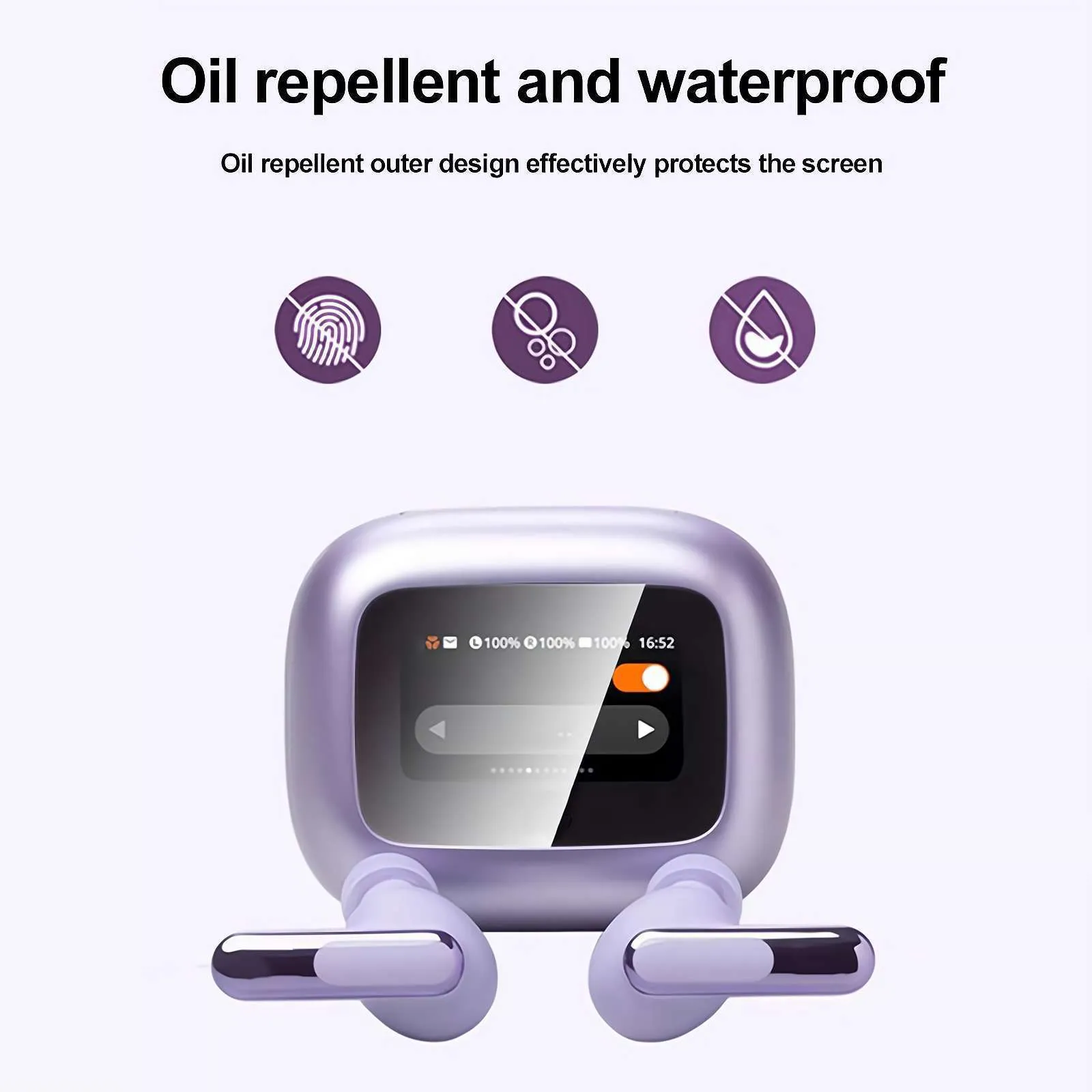 Transparent Bluetooth headset protective film on a table, showing its compact size and clear finish