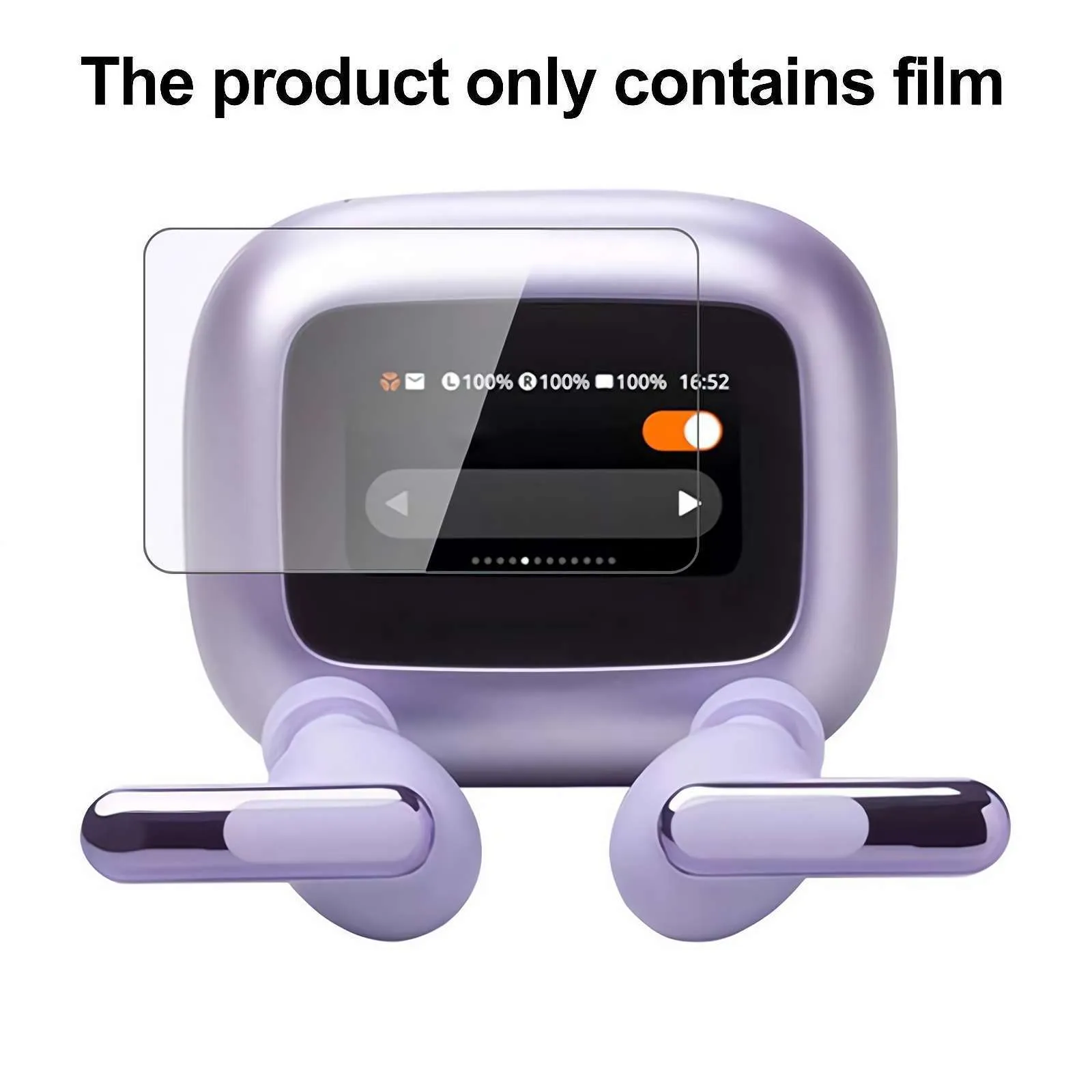 Transparent Bluetooth headset protective film on a table, showing its compact size and clear finish