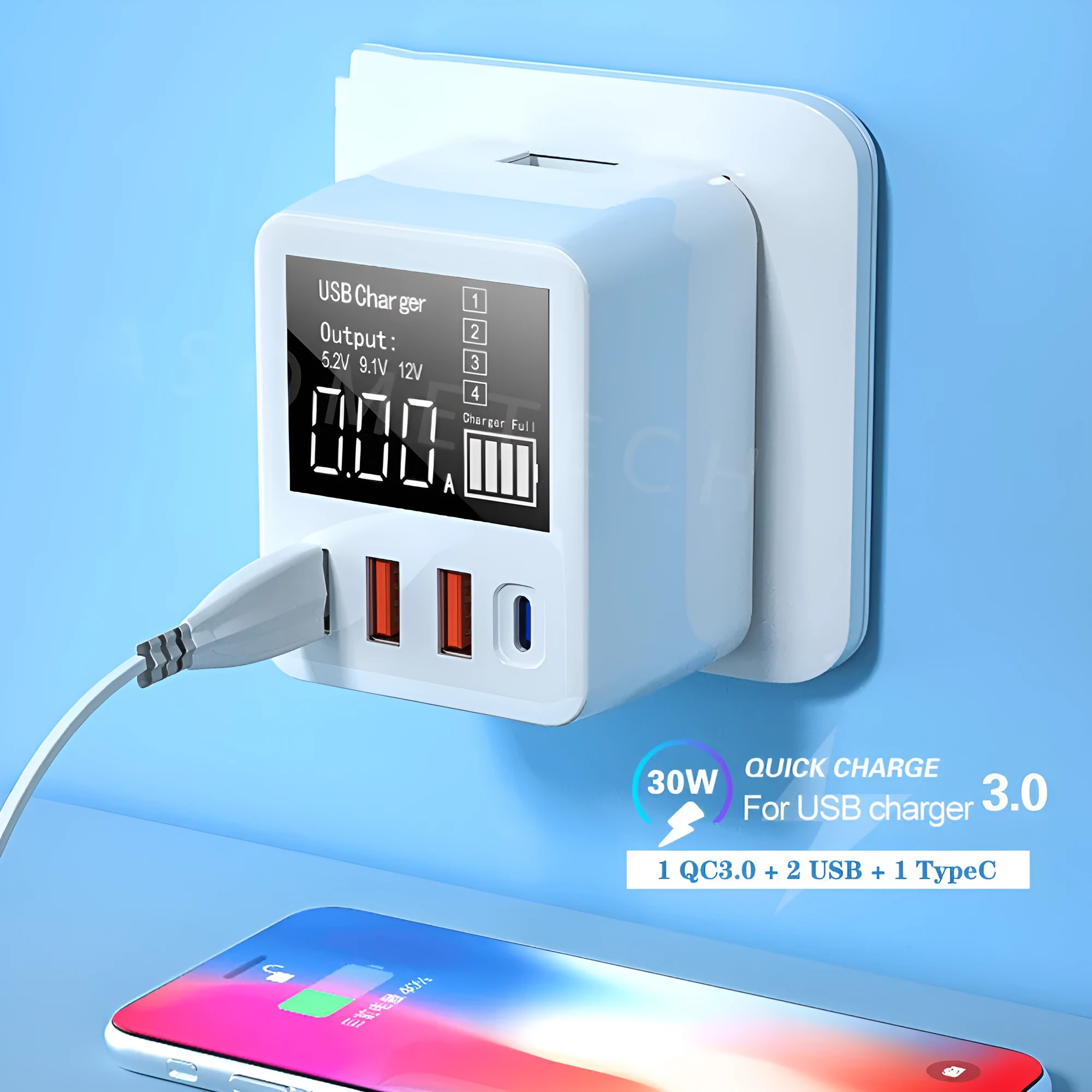White 4-port travel charger with LED display showing charging status