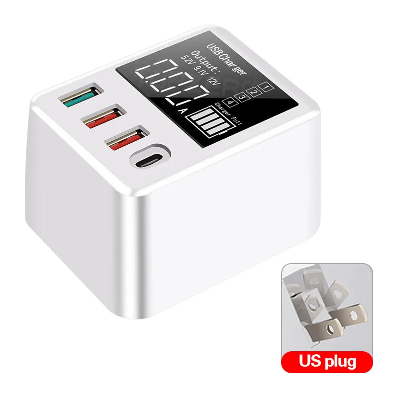 White 4-port travel charger with LED display showing charging status