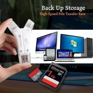 White NK908 4-in-1 SD card reader with Lightning, USB-C, Micro USB and USB ports on a wooden table.