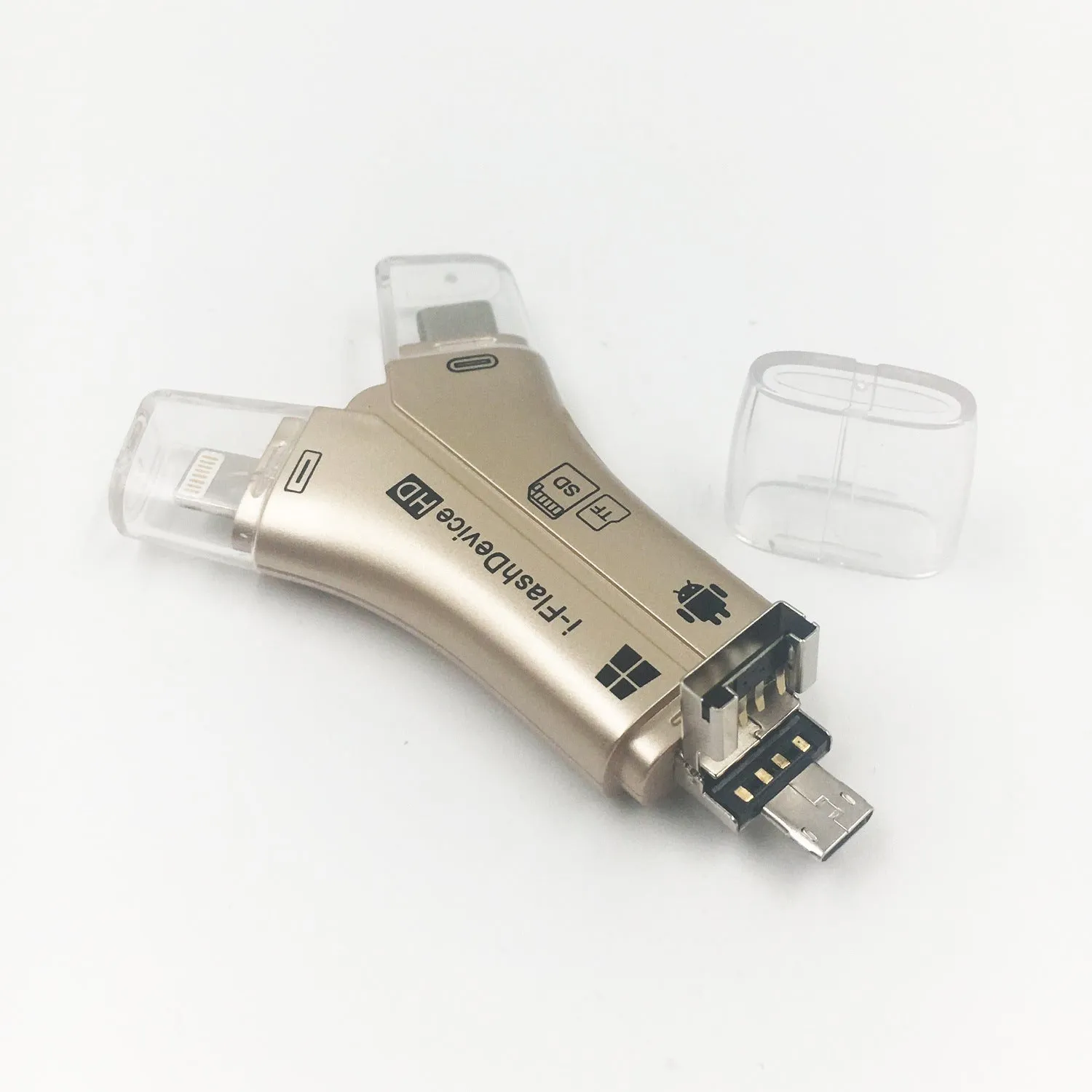 White NK908 4-in-1 SD card reader with Lightning, USB-C, Micro USB and USB ports on a wooden table.