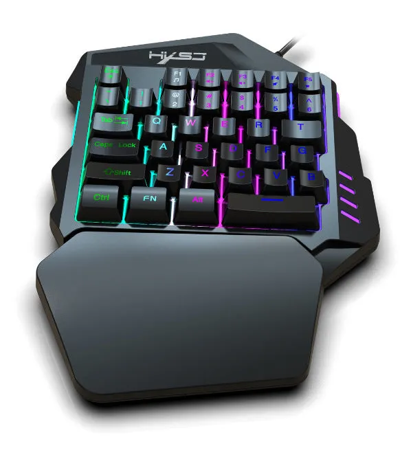 V100 one-handed black mini keyboard and mouse set on a desk