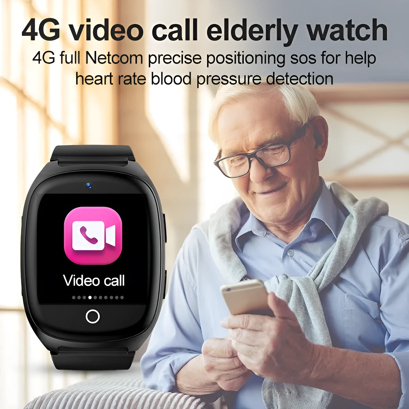 Black GPS tracker smartwatch with 1.54-inch touch screen showing location interface