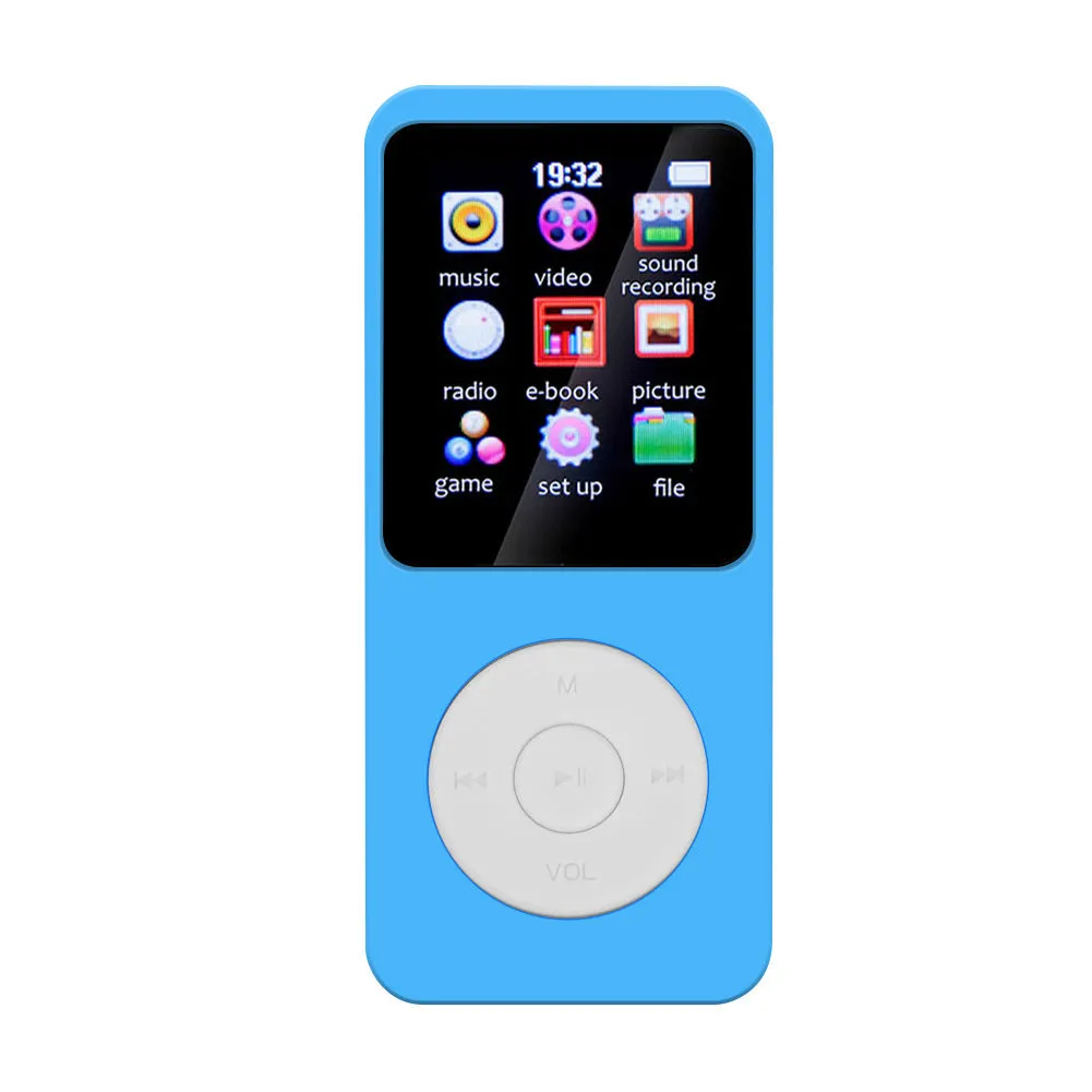 Blue MP3 Walkman Student Edition with 1.8-inch screen, push buttons, and Bluetooth capability
