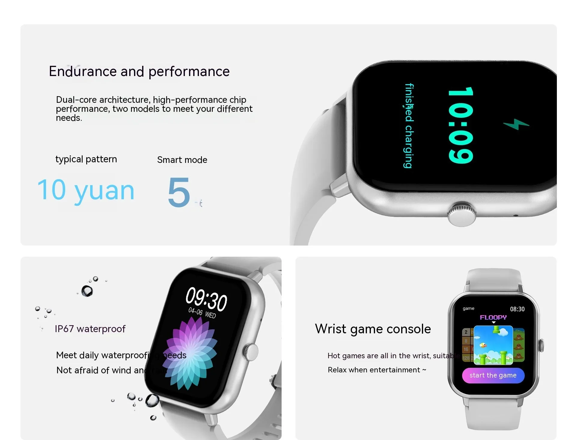 Blood oxygen monitor watch with TFT screen and silicone wristband in black