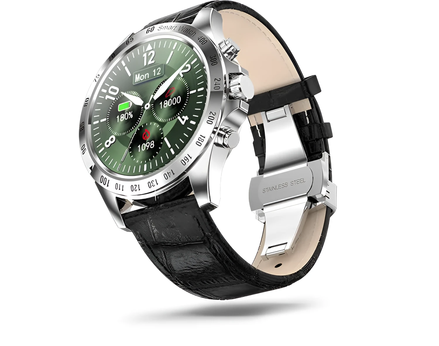 Full-touch HD smart watch with heart rate monitor and step counter, black silicone strap