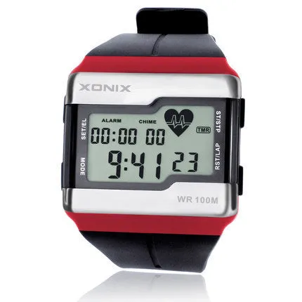 Men's waterproof digital sports watch with square dial, luminous display, heart rate monitor, black resin strap, and rubber case on wrist