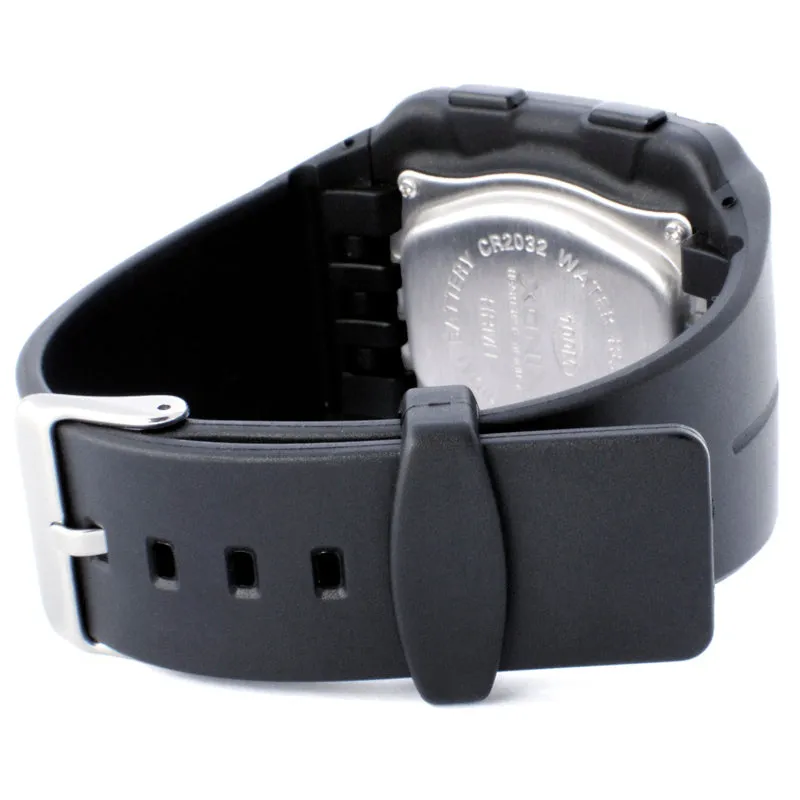 Men's waterproof digital sports watch with square dial, luminous display, heart rate monitor, black resin strap, and rubber case on wrist