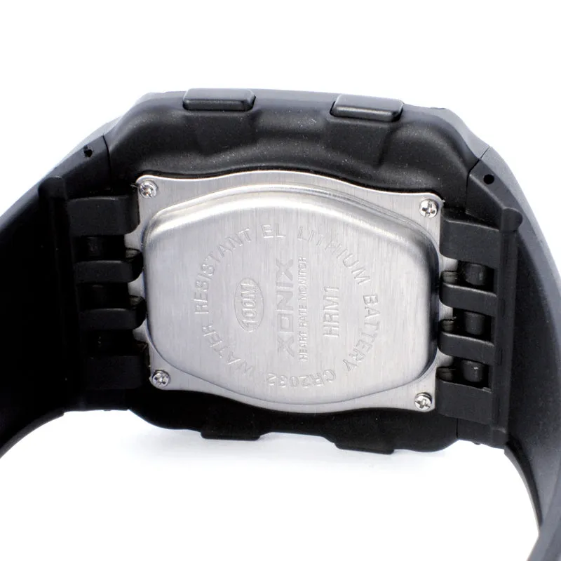 Men's waterproof digital sports watch with square dial, luminous display, heart rate monitor, black resin strap, and rubber case on wrist