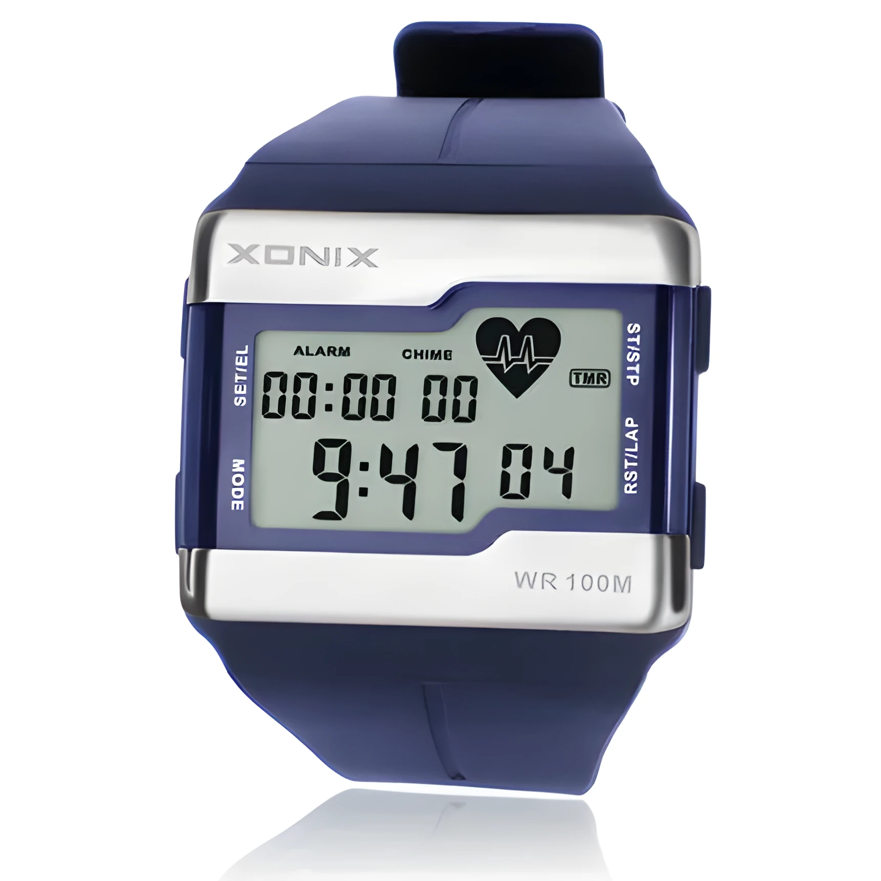 Men's waterproof digital sports watch with square dial, luminous display, heart rate monitor, black resin strap, and rubber case on wrist