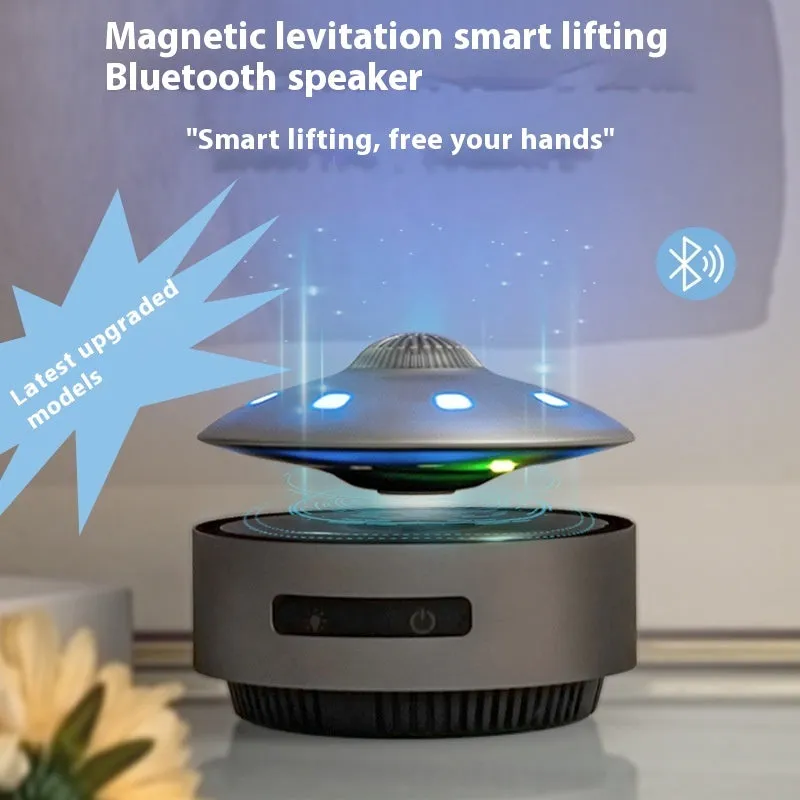 Automatic lifting magnetic levitation Bluetooth speaker floating above its base.