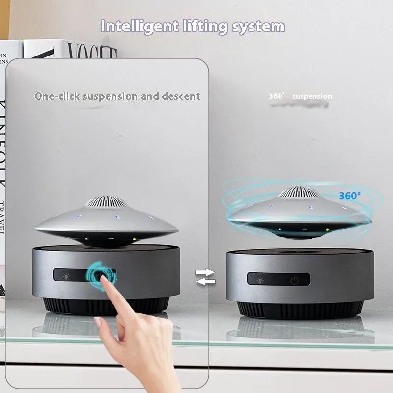 Automatic lifting magnetic levitation Bluetooth speaker floating above its base.