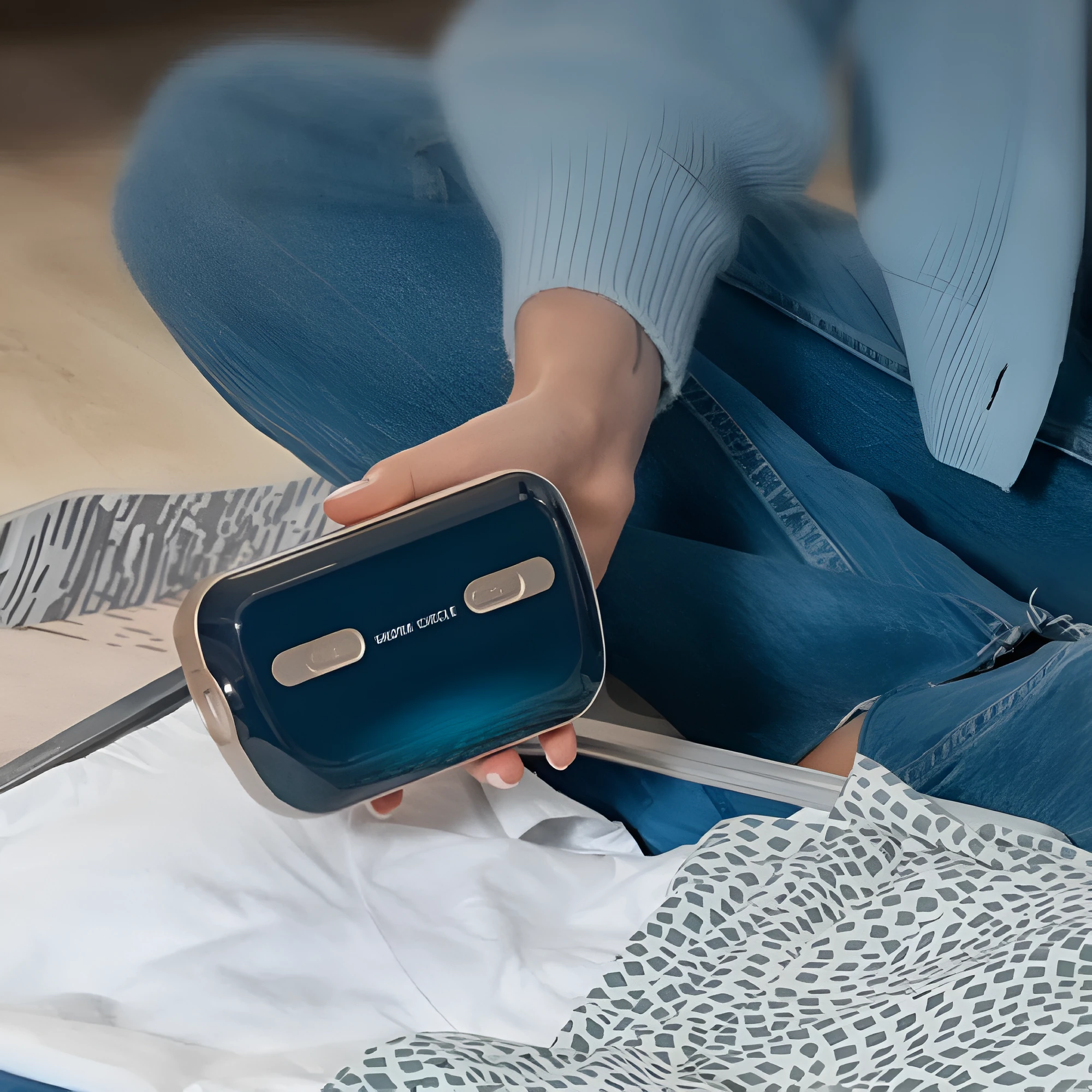 Yunzhongfei dark blue portable anti-snoring ventilator with nose mask and breathing pipeline on a table