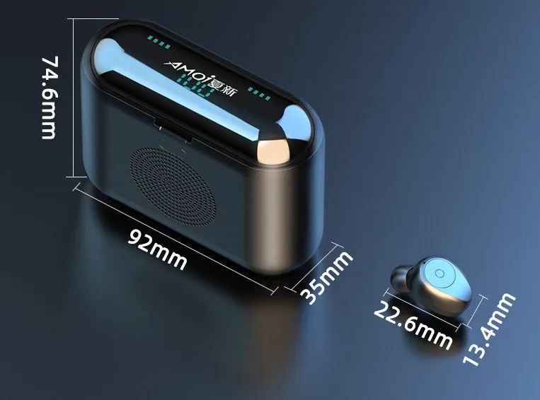 F9 5.0 black wireless Bluetooth headset with charging case, in-ear design