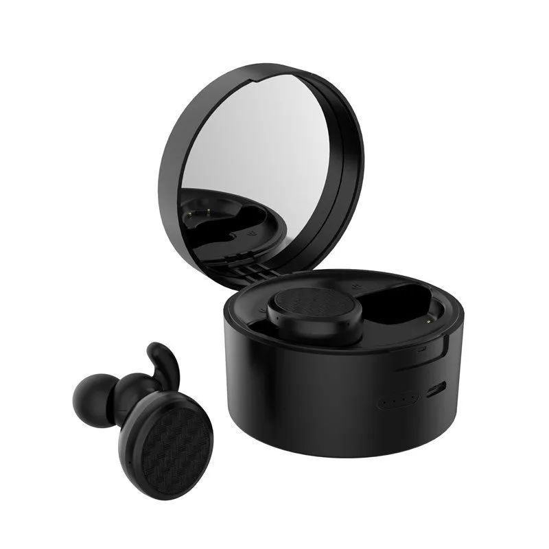 Bluetooth makeup mirror headset V5.0 wireless earpiece in black with stereo voice control and built-in mirror