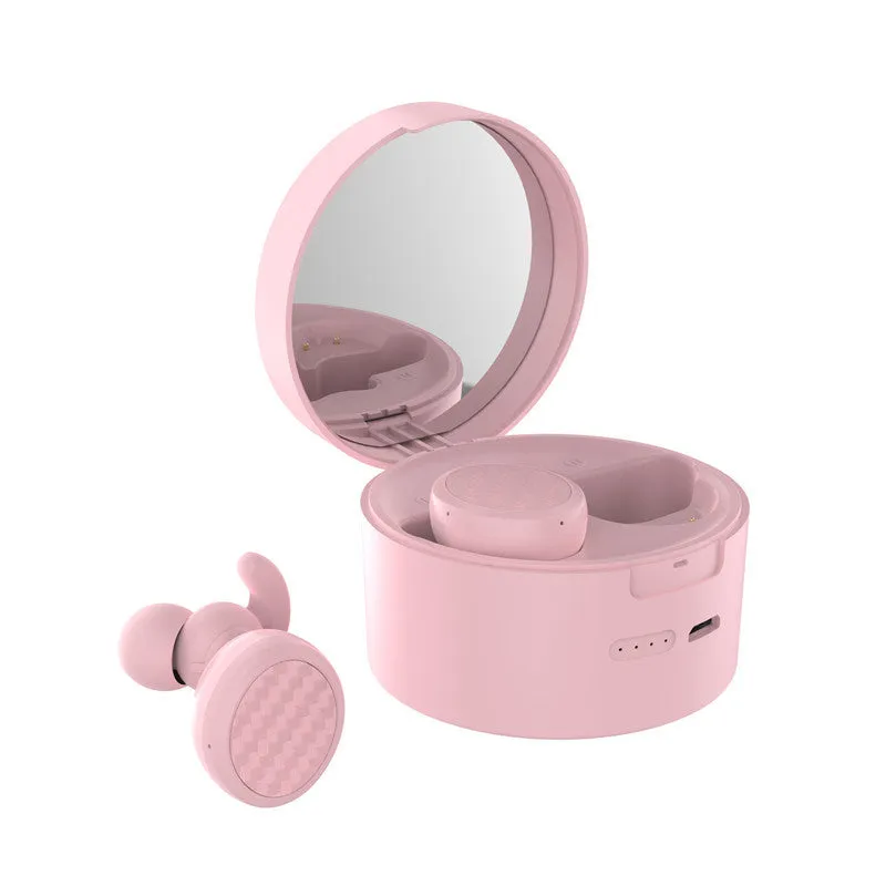Bluetooth makeup mirror headset V5.0 wireless earpiece in black with stereo voice control and built-in mirror