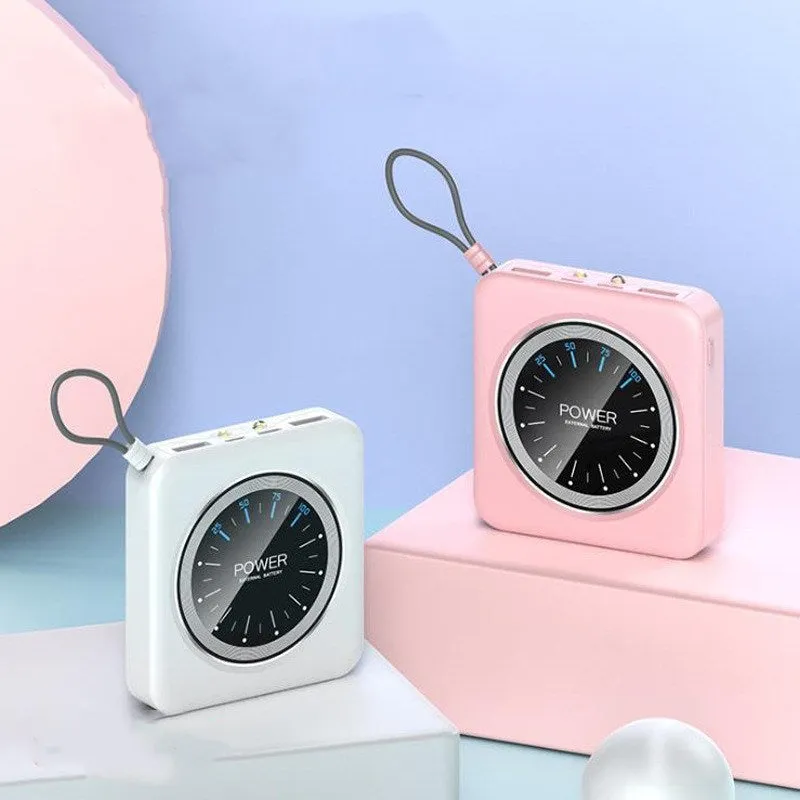 Mini clock power bank in alloy case with multiple USB ports, shown in pink, black, green, and white colour options.