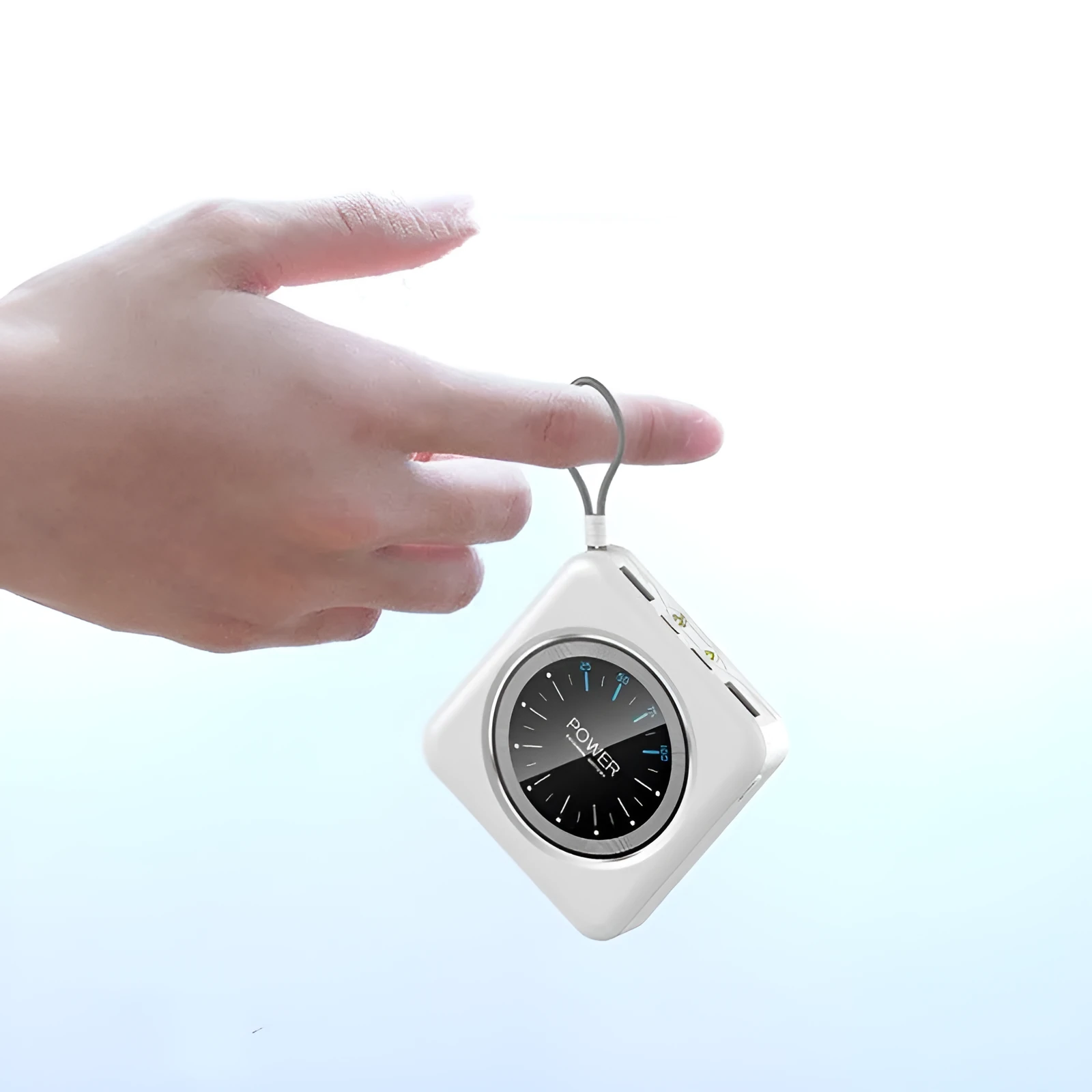 Mini clock power bank in alloy case with multiple USB ports, shown in pink, black, green, and white colour options.