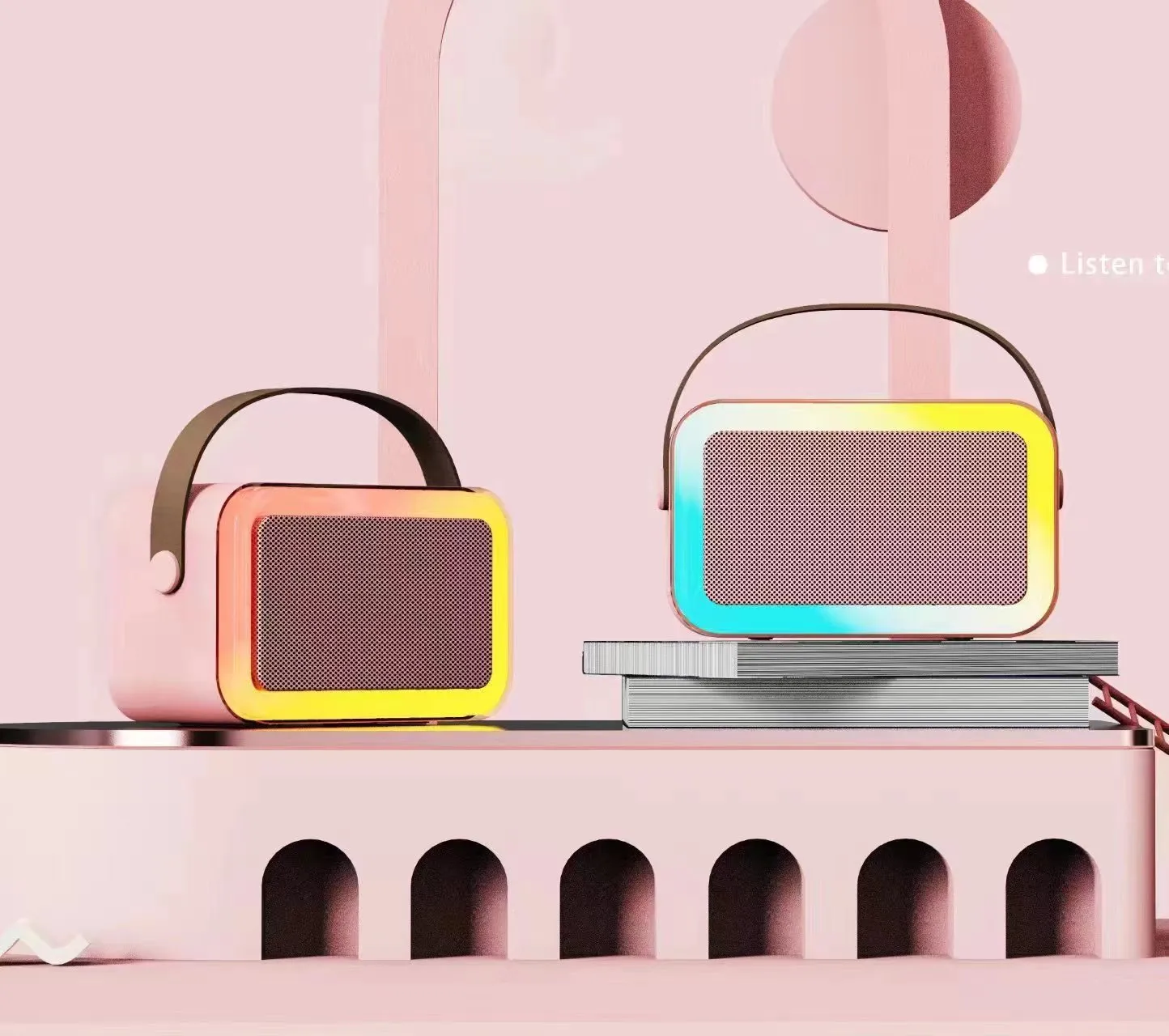 White portable Bluetooth karaoke speaker with coloured lights and a handheld microphone.
