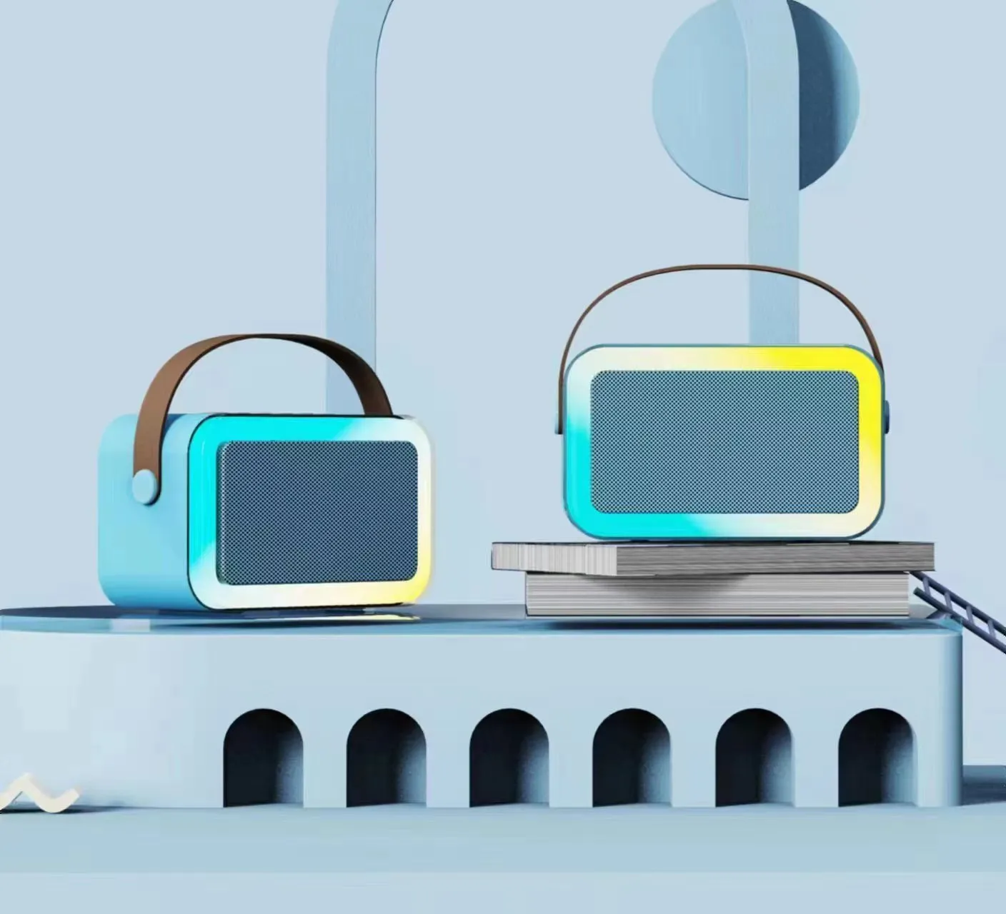 White portable Bluetooth karaoke speaker with coloured lights and a handheld microphone.