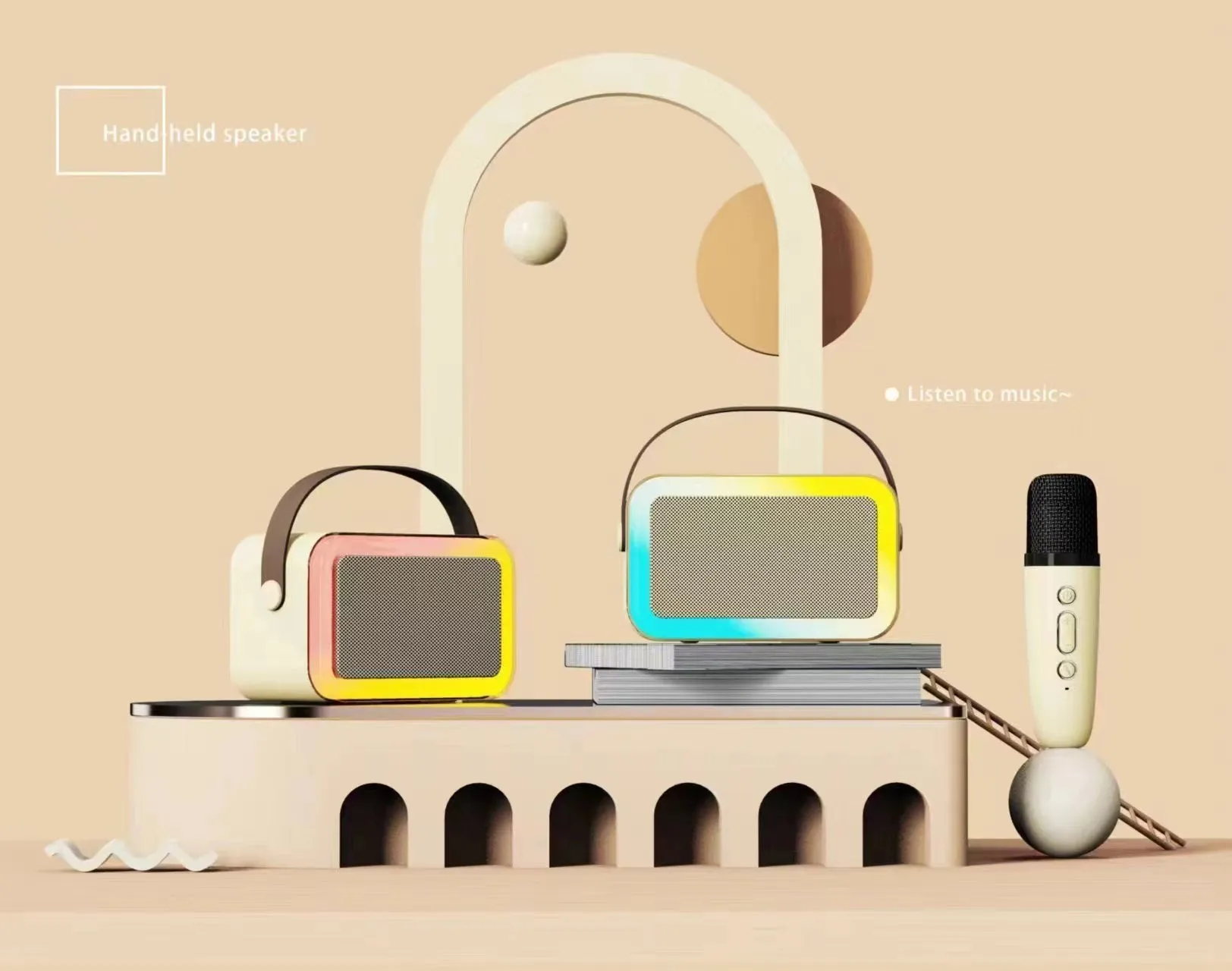 White portable Bluetooth karaoke speaker with coloured lights and a handheld microphone.