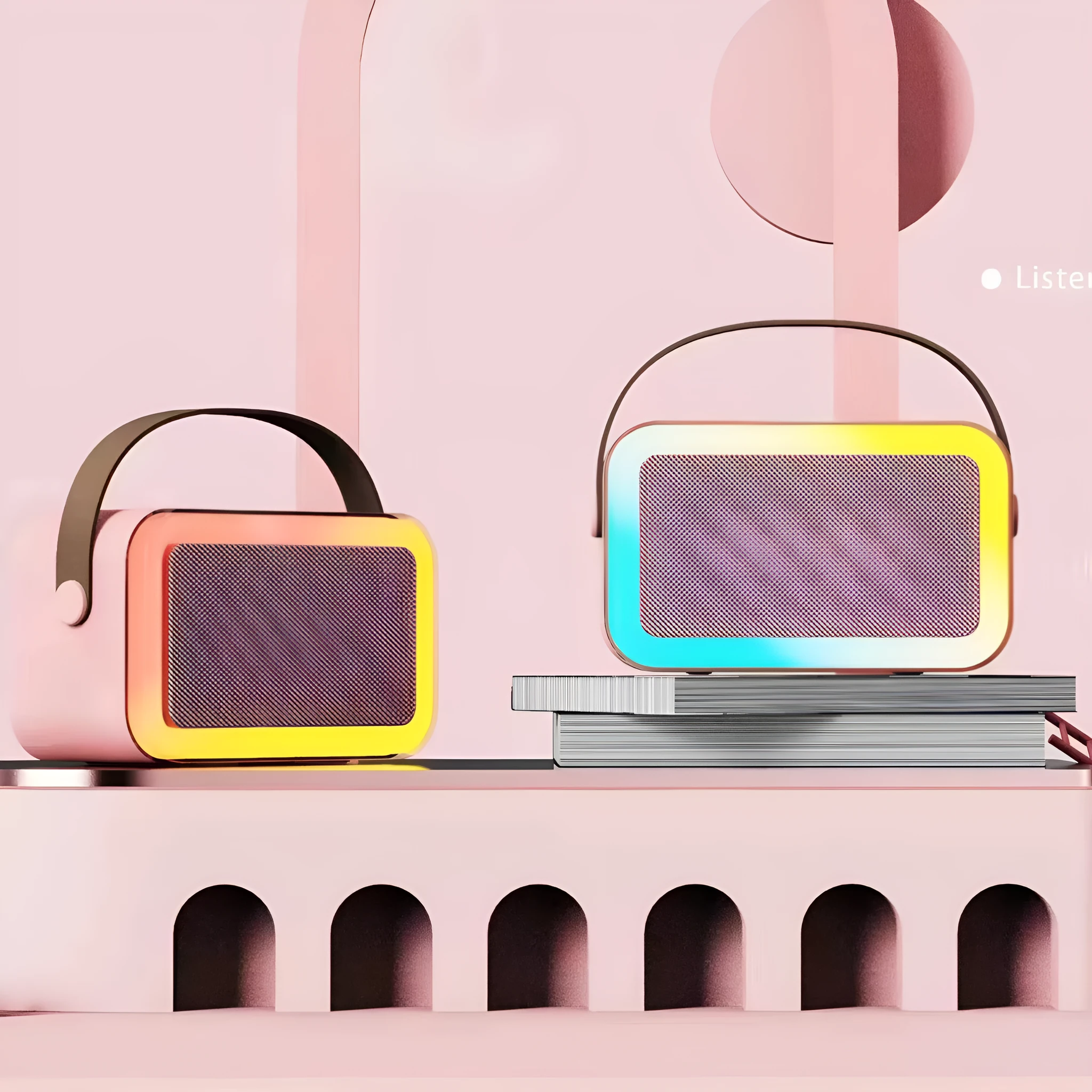 White portable Bluetooth karaoke speaker with coloured lights and a handheld microphone.