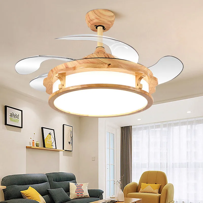 Japanese style invisible silent fan lamp with wood lampshade and ABS blades in beige colour for ceiling installation
