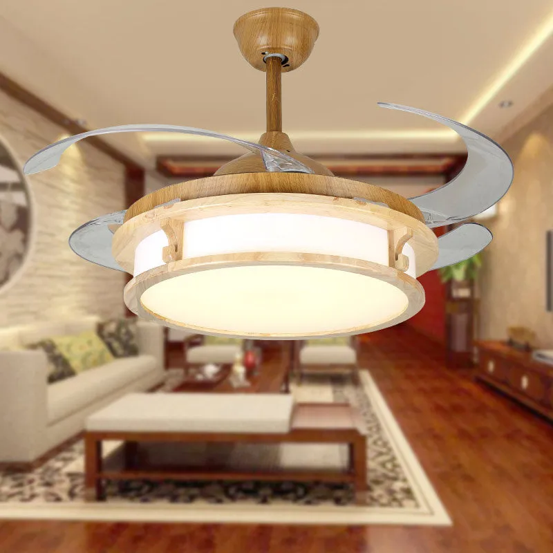 Japanese style invisible silent fan lamp with wood lampshade and ABS blades in beige colour for ceiling installation
