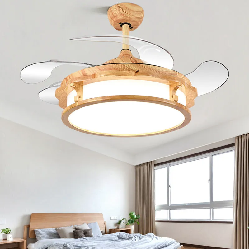 Japanese style invisible silent fan lamp with wood lampshade and ABS blades in beige colour for ceiling installation