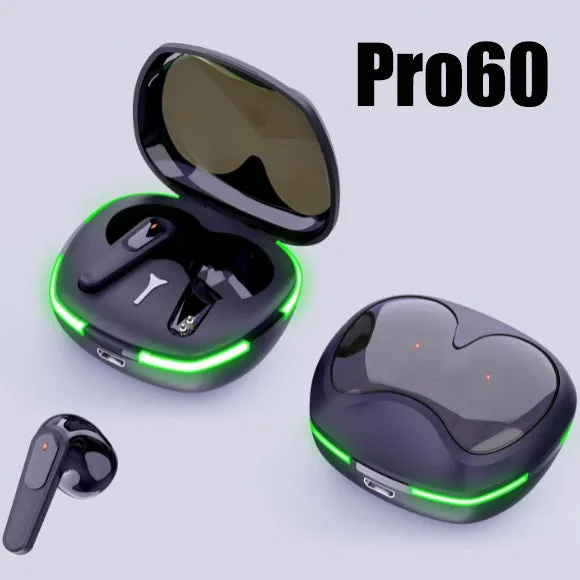 Wireless Bluetooth headset earbuds PRO60 black with noise cancellation and power display