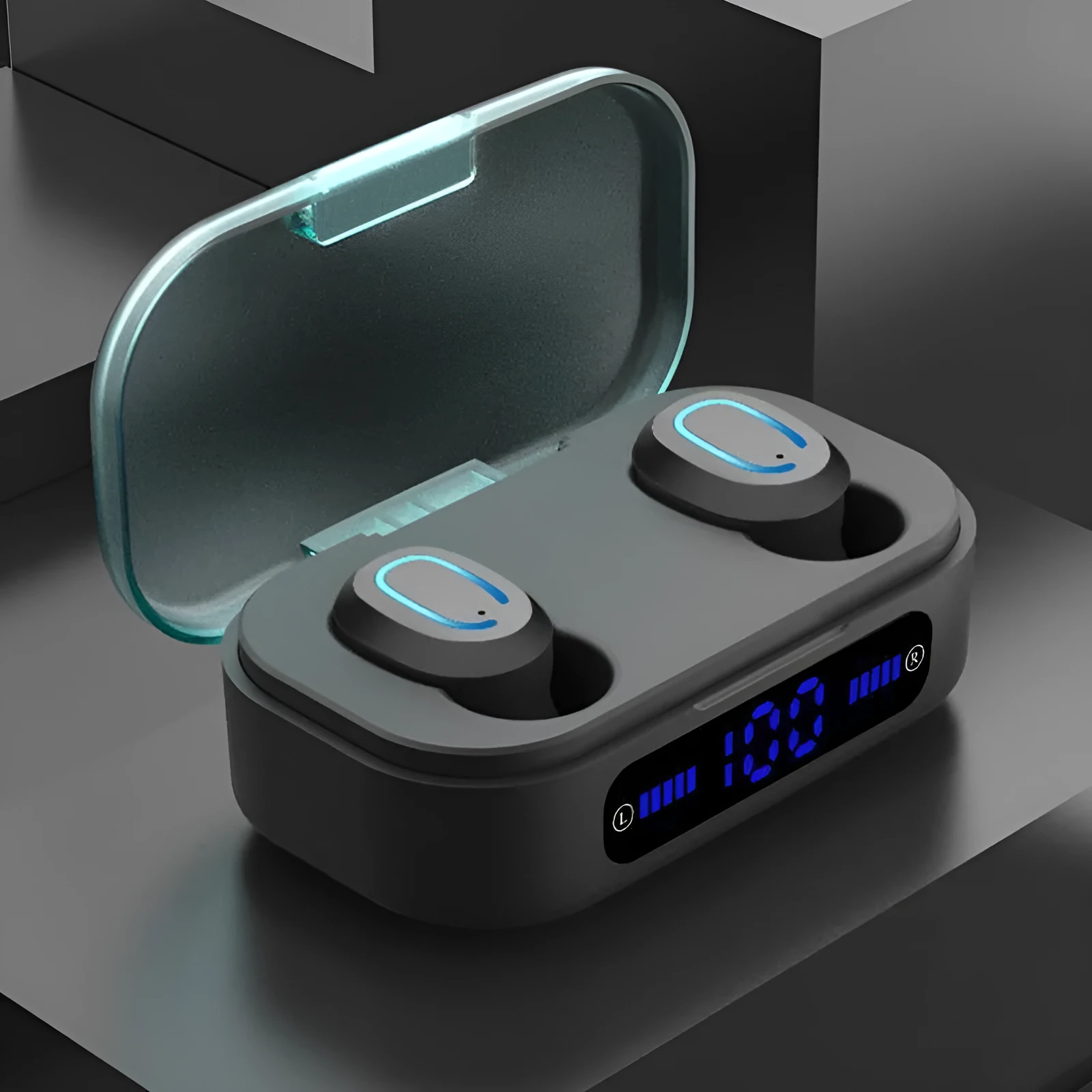 Bluetooth mini headset wireless earbuds in digital black with charging case