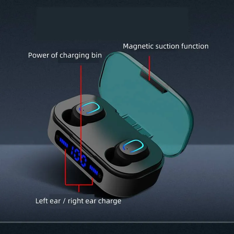 Bluetooth mini headset wireless earbuds in digital black with charging case