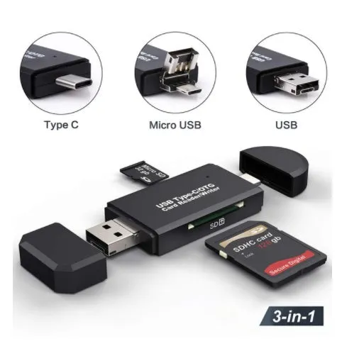 Black USB 3.0 card reader with Type-C connector for SD and TF memory cards