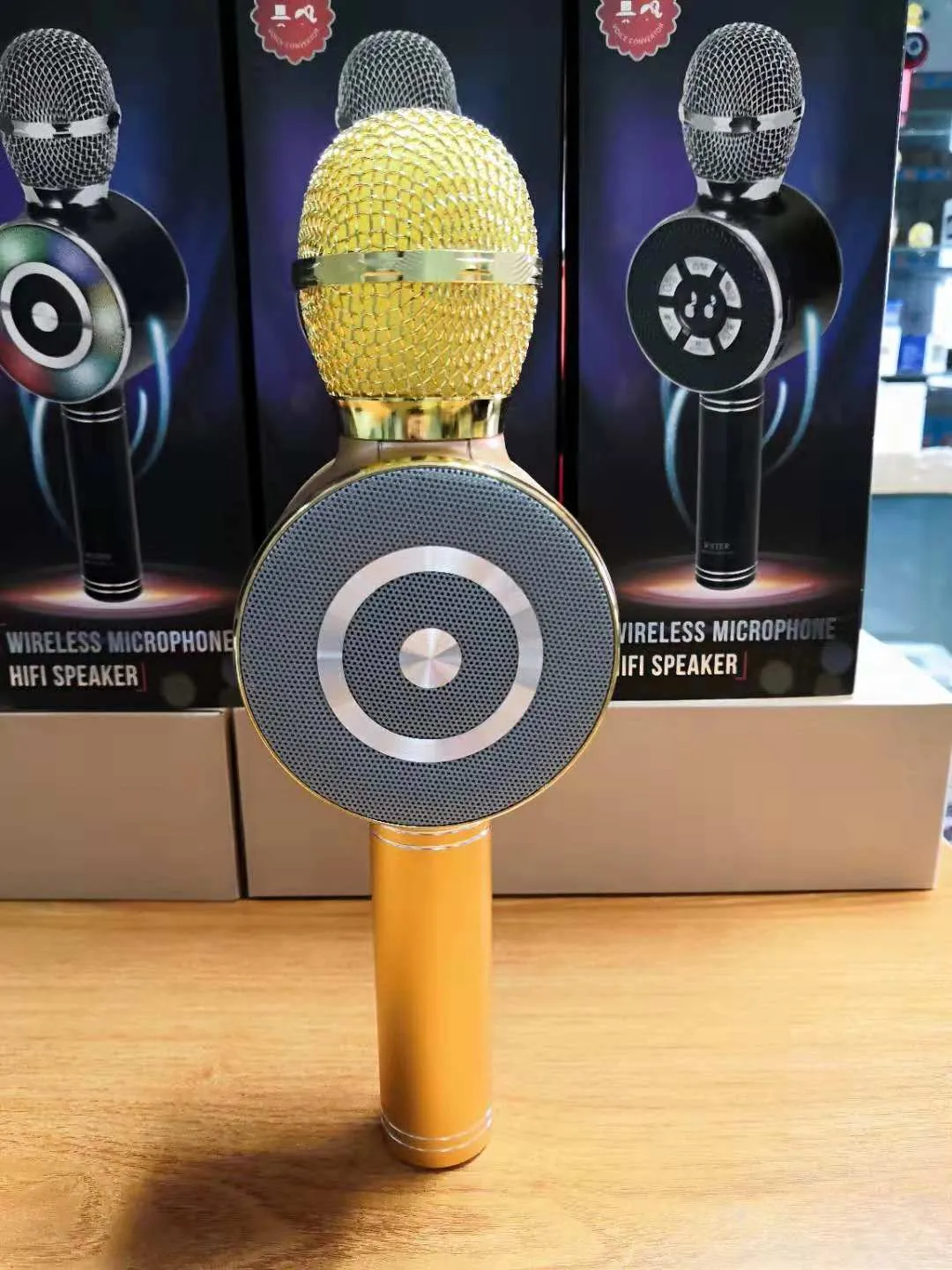 K Song wireless Bluetooth microphone integrated KTV audio in black, gold, and rose gold with USB charging cable