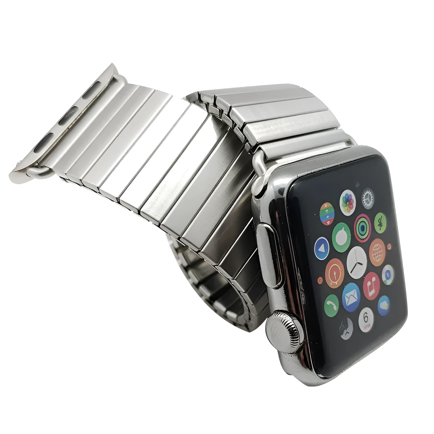 Silver stainless steel elastic Apple Watch band on a wrist, compatible with 38mm to 44mm cases