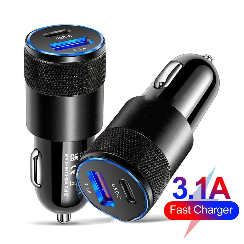 Aluminium alloy car charger in All Black and Black Silver colours with compact 2.5x6cm dimensions