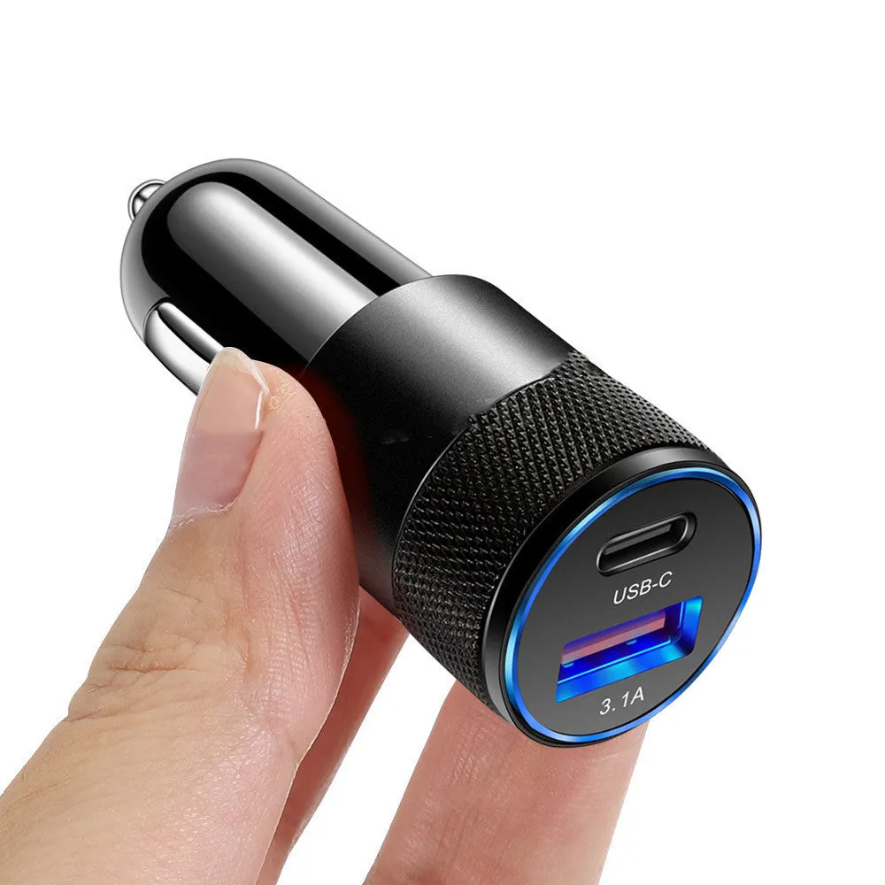 Aluminium alloy car charger in All Black and Black Silver colours with compact 2.5x6cm dimensions