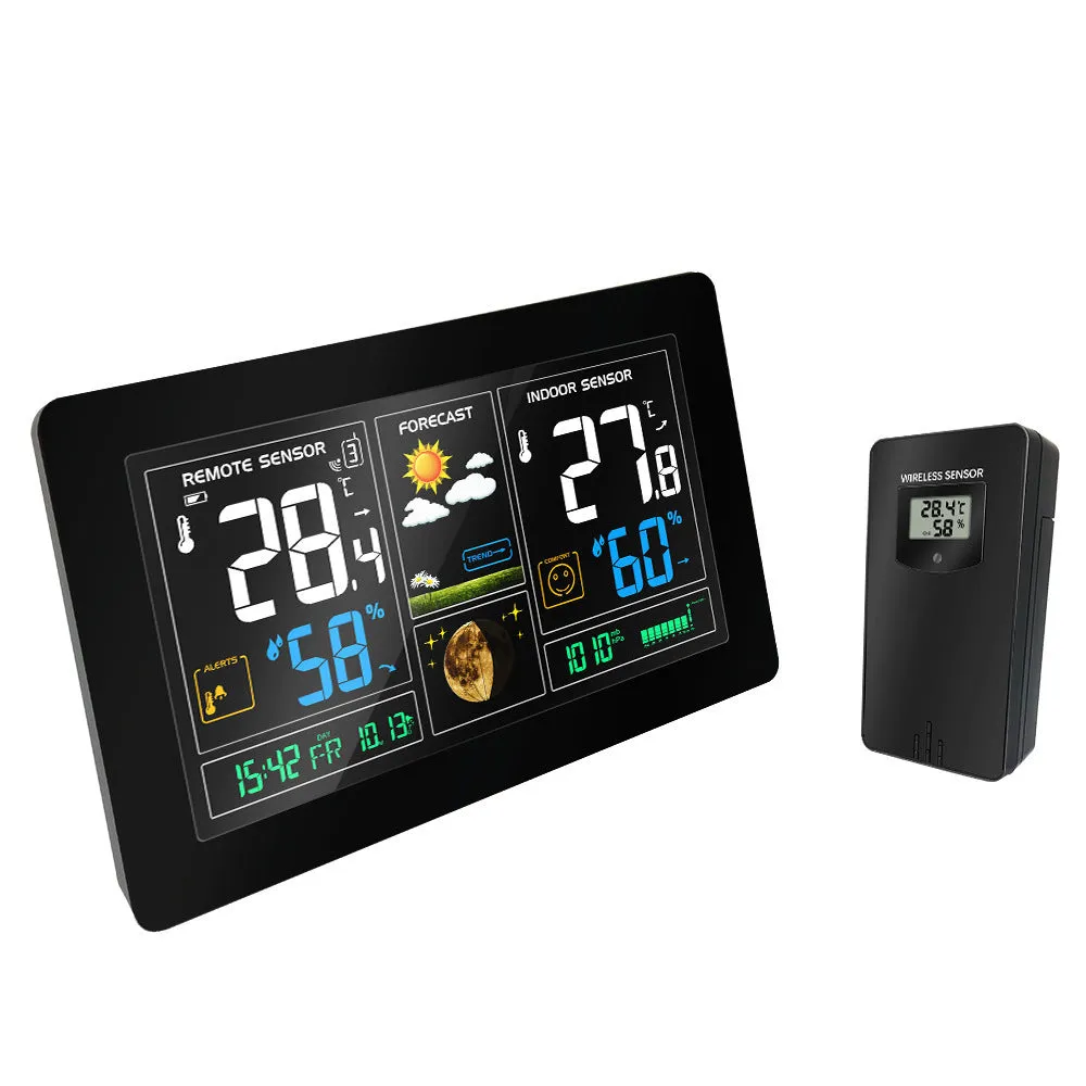 Black rectangular radio controlled alarm clock with LCD perpetual calendar, humidity, and weather forecast display