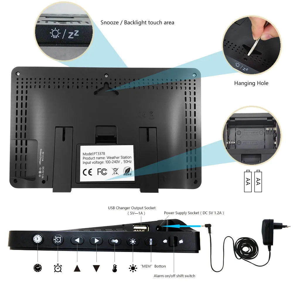 Black rectangular radio controlled alarm clock with LCD perpetual calendar, humidity, and weather forecast display