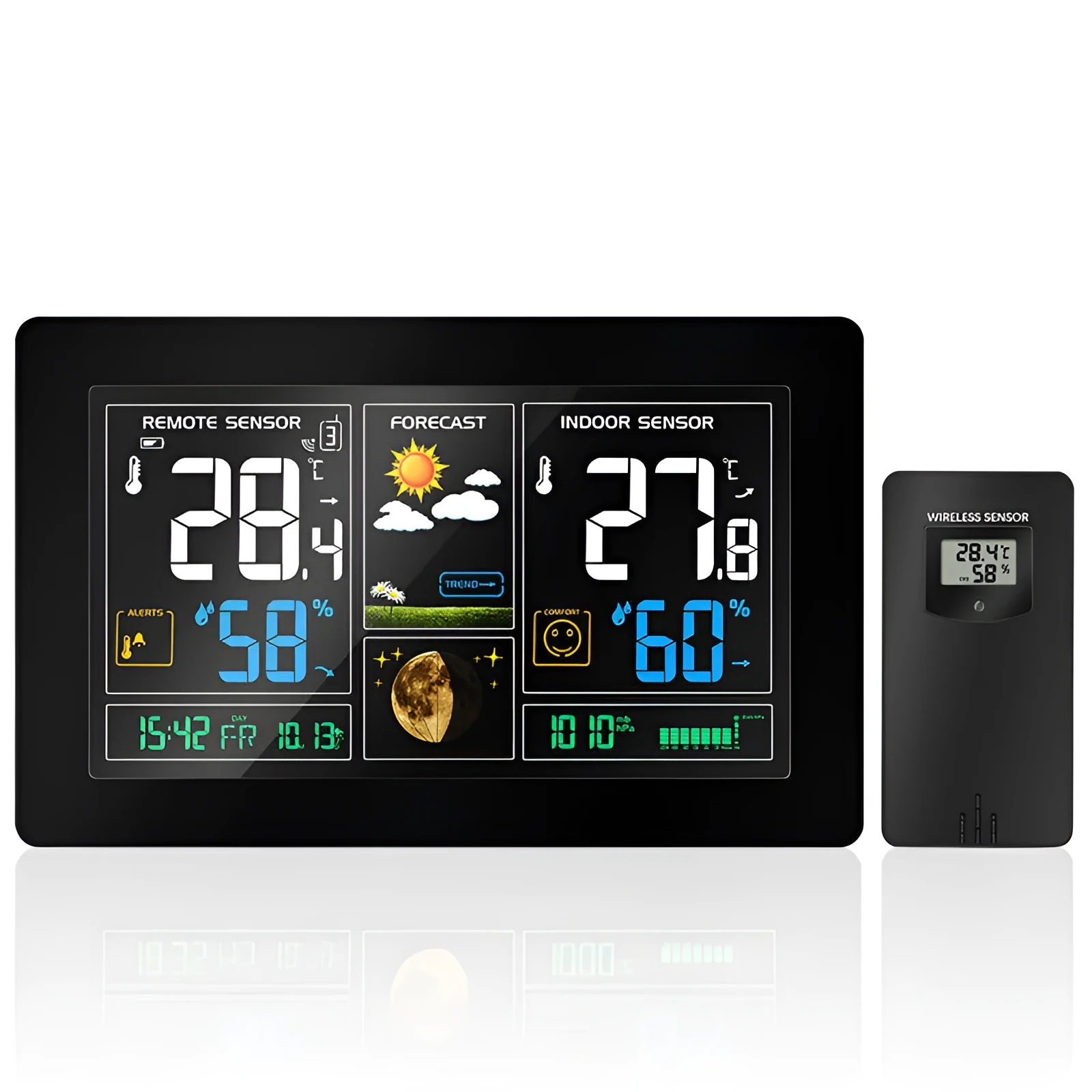 Black rectangular radio controlled alarm clock with LCD perpetual calendar, humidity, and weather forecast display