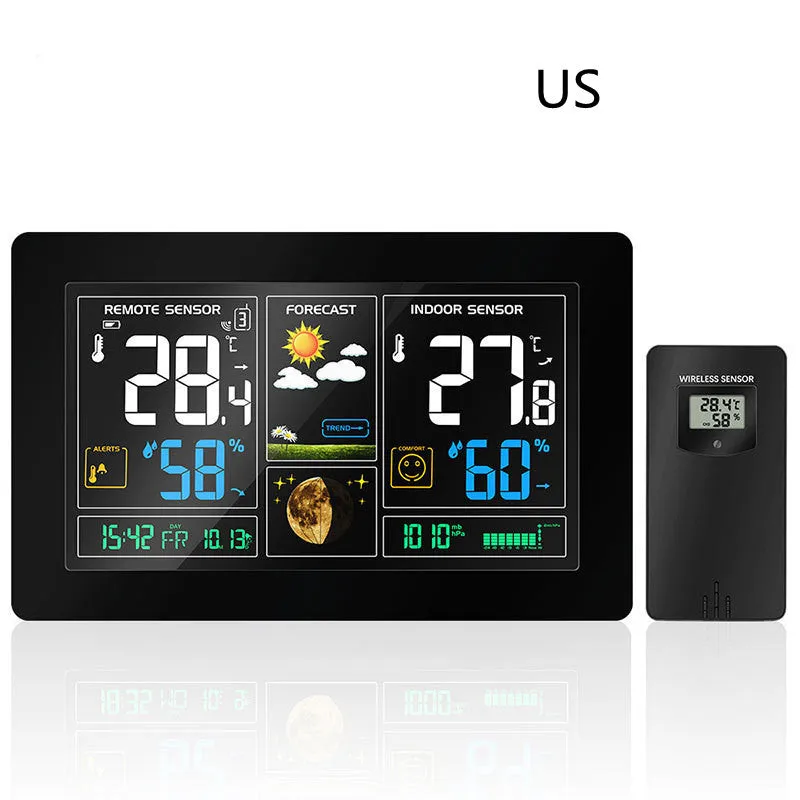 Black rectangular radio controlled alarm clock with LCD perpetual calendar, humidity, and weather forecast display