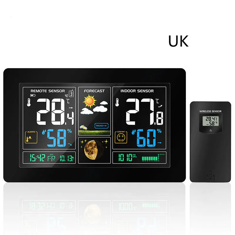 Black rectangular radio controlled alarm clock with LCD perpetual calendar, humidity, and weather forecast display